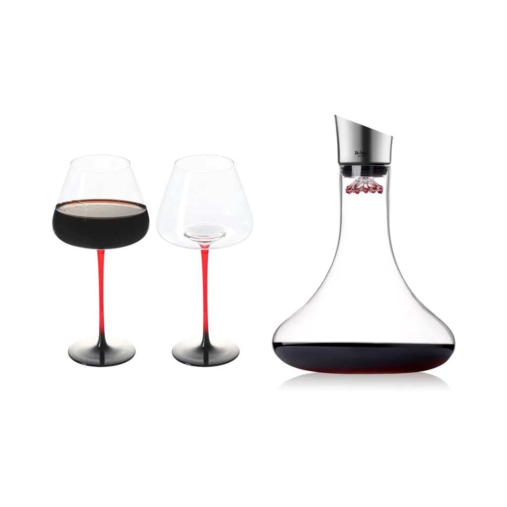 3er-Set Weinglas mit rotem Stiel 250 ml x2+ 1x Premium Wein Dekantierer Karaffe Tropffrei 1,5 L